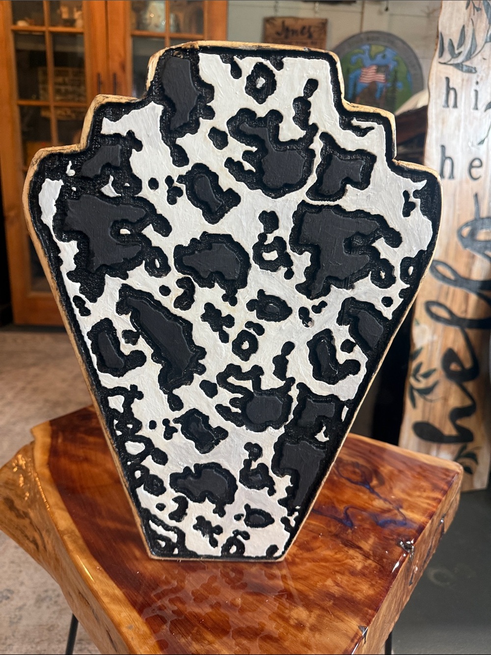 Engraved wood Black & White Cowhide Pattern Necklace Display Stand